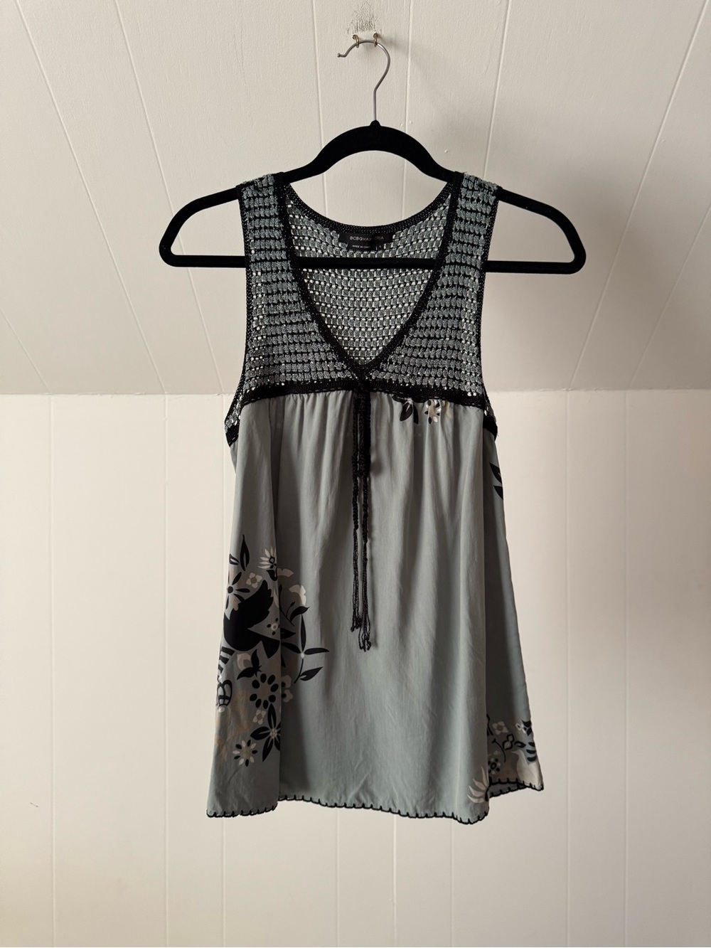 BCBG MaxAzria | Crochet Yoke Sage Green Floral Silk Babydoll Top, Size S